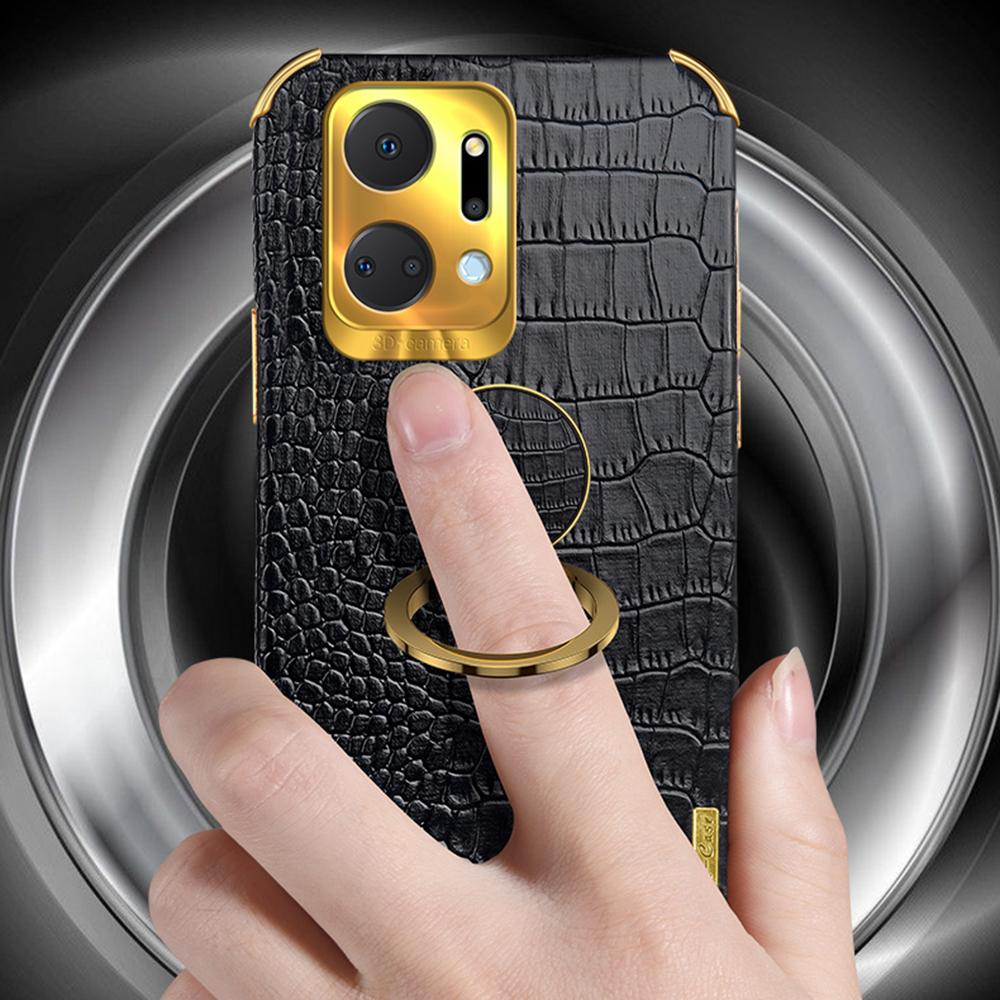 Crocodile Texture Phone Case for Honor X7a 4G/5G,PU Leather Coated TPU 6D Electroplated Cover with Ring Kickstand