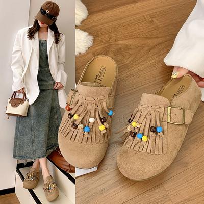 Internet Celebrity Tassel Inner Heightening Birkenstock Half Slippers Women Wear 2025 New Retro Flat-bottomed Bag Head One Pedal Shoes