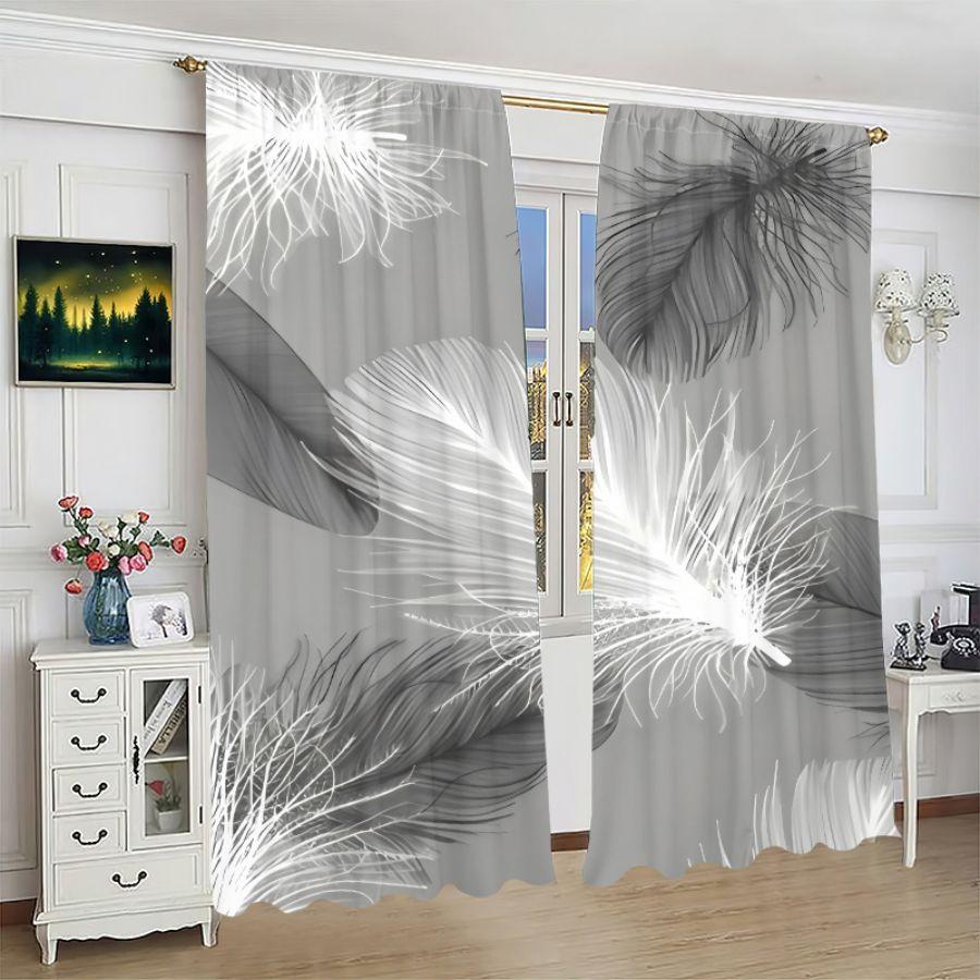 2pcs- Pure Black and Gray Feather Polyester Curtains, Pole Bag Curtains 42 * 84, Bedroom, Living Room, Family Room Decoration