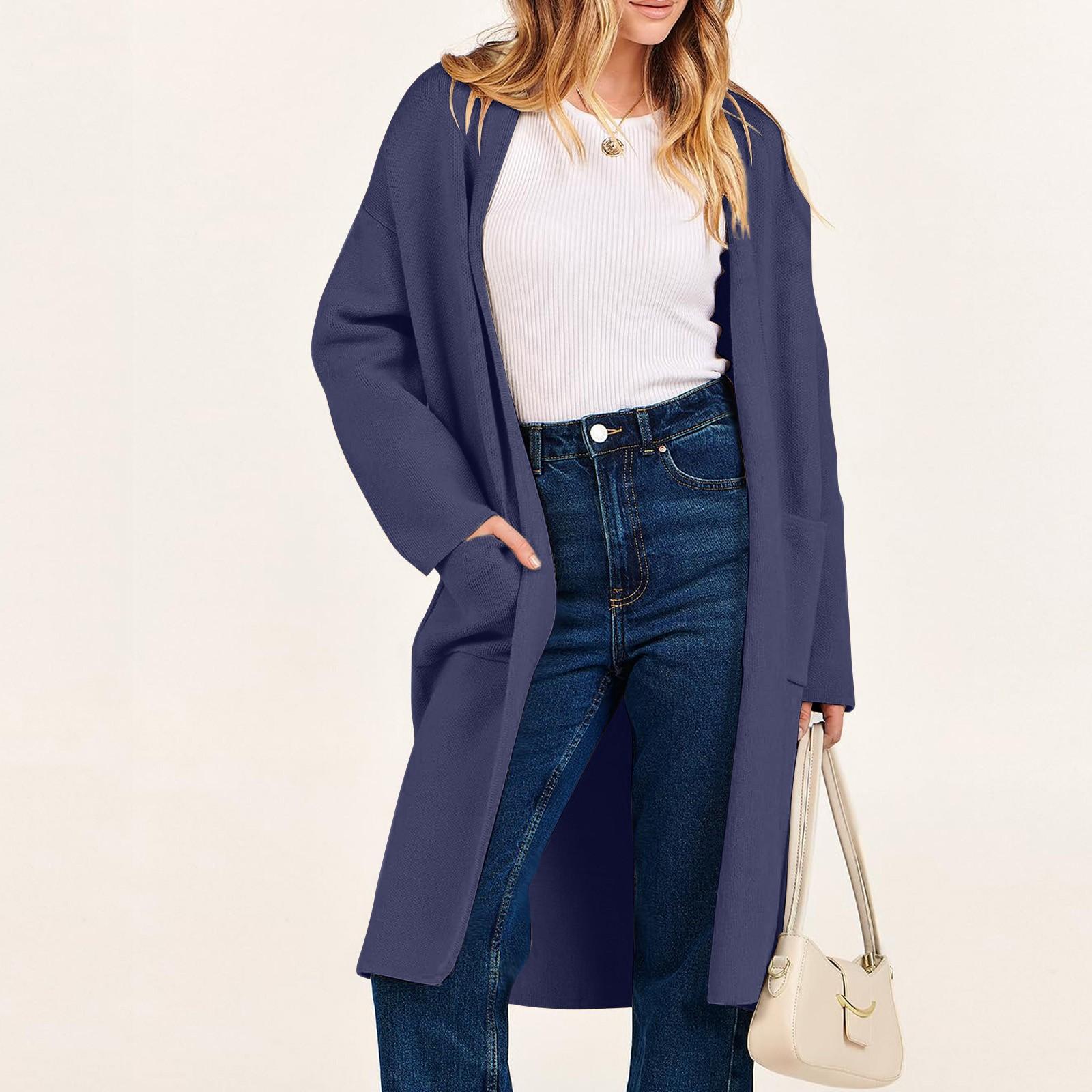 

Жіночі довгі в язані светри-джемпери з відкритим фронтом і довгими рукавами Повсякденна куртка Пальто Верхній одяг з кишенями XL Темно-синій