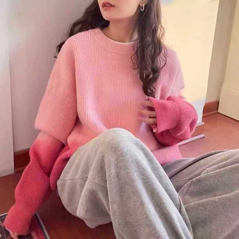 Autumn and winter new fashion crew neck pullover sweater gentle sweet lazy wind loose soft waxy knitted sweater top coat