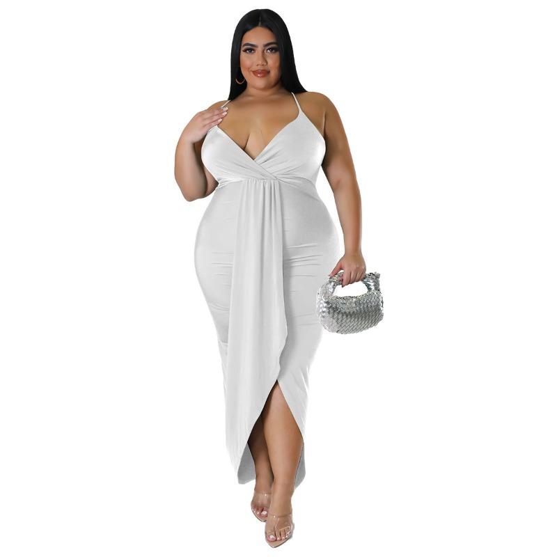Plus Size Black Halter Deep V Neck Twist Front Ruched Split Bodycon Maxi Dress