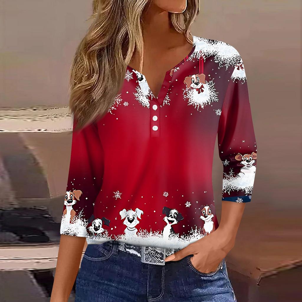 Women's T Shirt Tee Christmas Printed Button 3/4 Sleeve Tunic Daily Weekend Fashion Basic V- Neck Regular Top