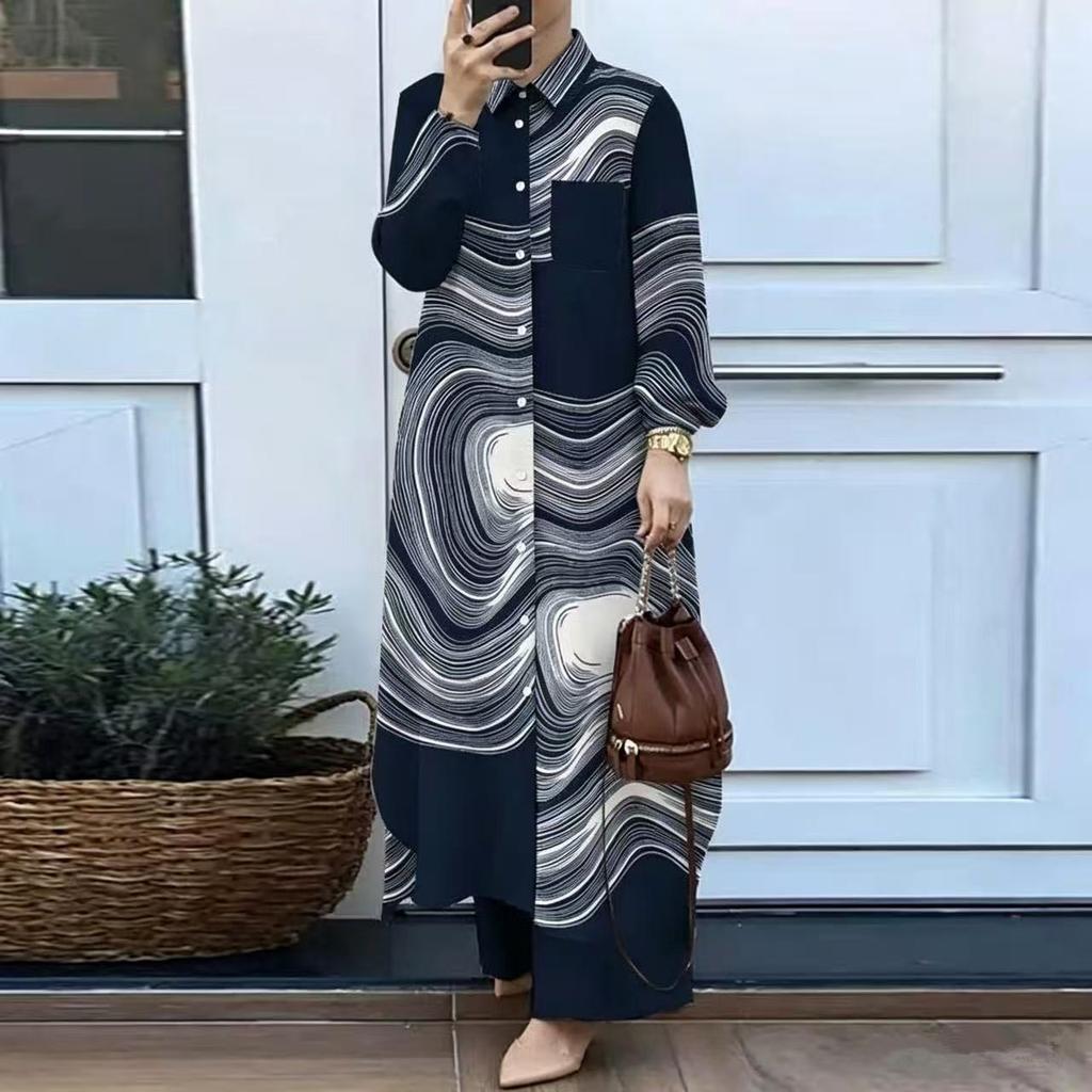 Women Solid Two Piece Outfit Lapel Long Shirt Maxi Blouse Wide Leg Pants Set Elegant Modest Muslim Abaya Suit Spring Daily Wear For Middle East Market
