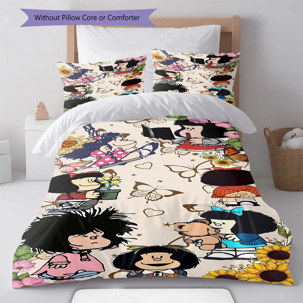 Pościel z wzorem Mafaldy, Zestaw kołdry Poszewka na kołdrę Poszewka na poduszkę Domowy prezent urodzinowy (1 * poszwa na kołdrę + 2 * poszewki na poduszki, bez rdzenia)