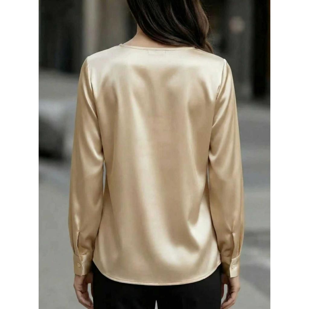 New Women's French Elegant Puff Sleeve V-neck Satin Long Sleeve Blouse