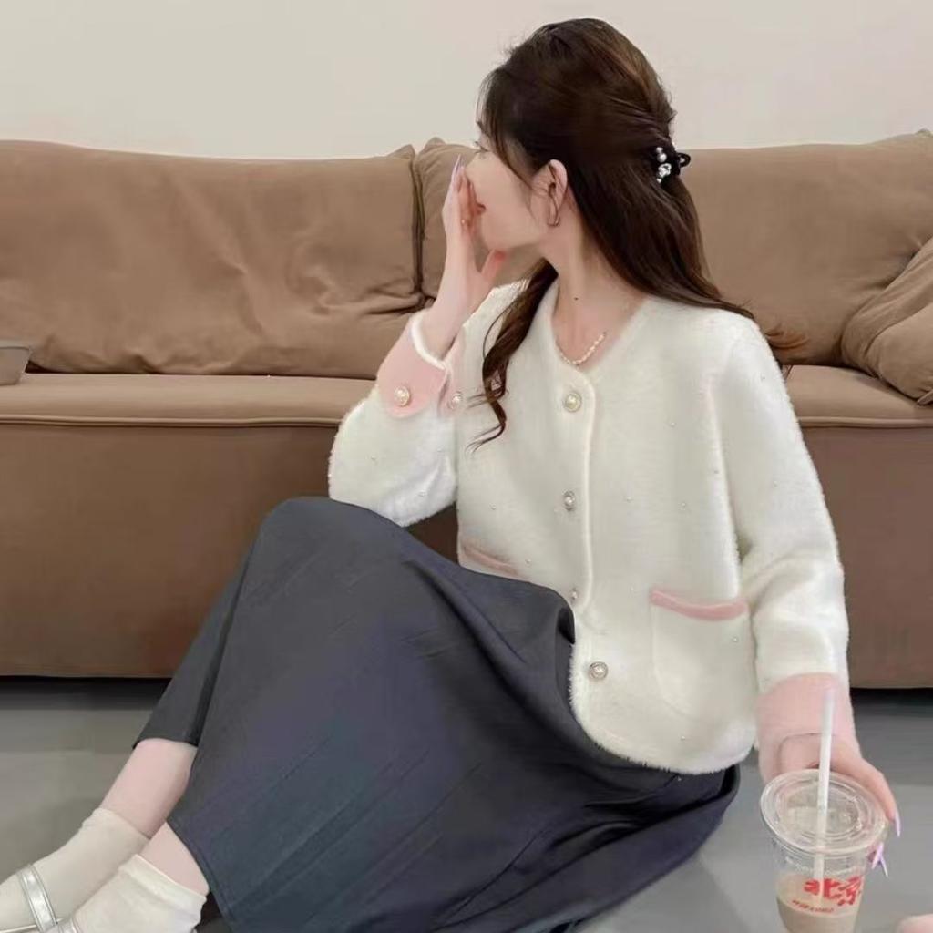 Women's Short Faux Mink Fur Cardigan Jacket Autumn Winter French Niche Top Sweater Coat