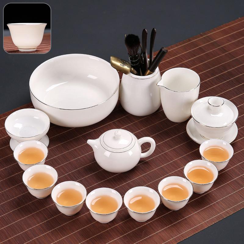 Suet Jade Kung Fu Tea Set Home Living Room Office Light Luxury Tea High-end Gift Box Cover Bowl Teacup Complete Set