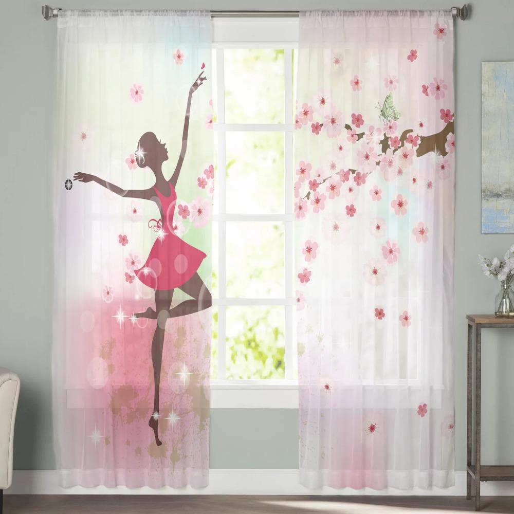 Ballet Dancer Girl Pink Flower Sheer Drapes Window Curtains for Living Room Bedroom Home Decor Cherry Blossoms Chiffon Curtain