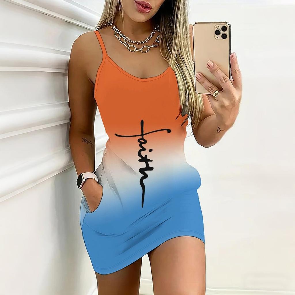 Summer New Lines and Letters  Pattern Print Sleeveless Bodycon Dress with Pockets Sexy Slim Fit Elegant Party Dress