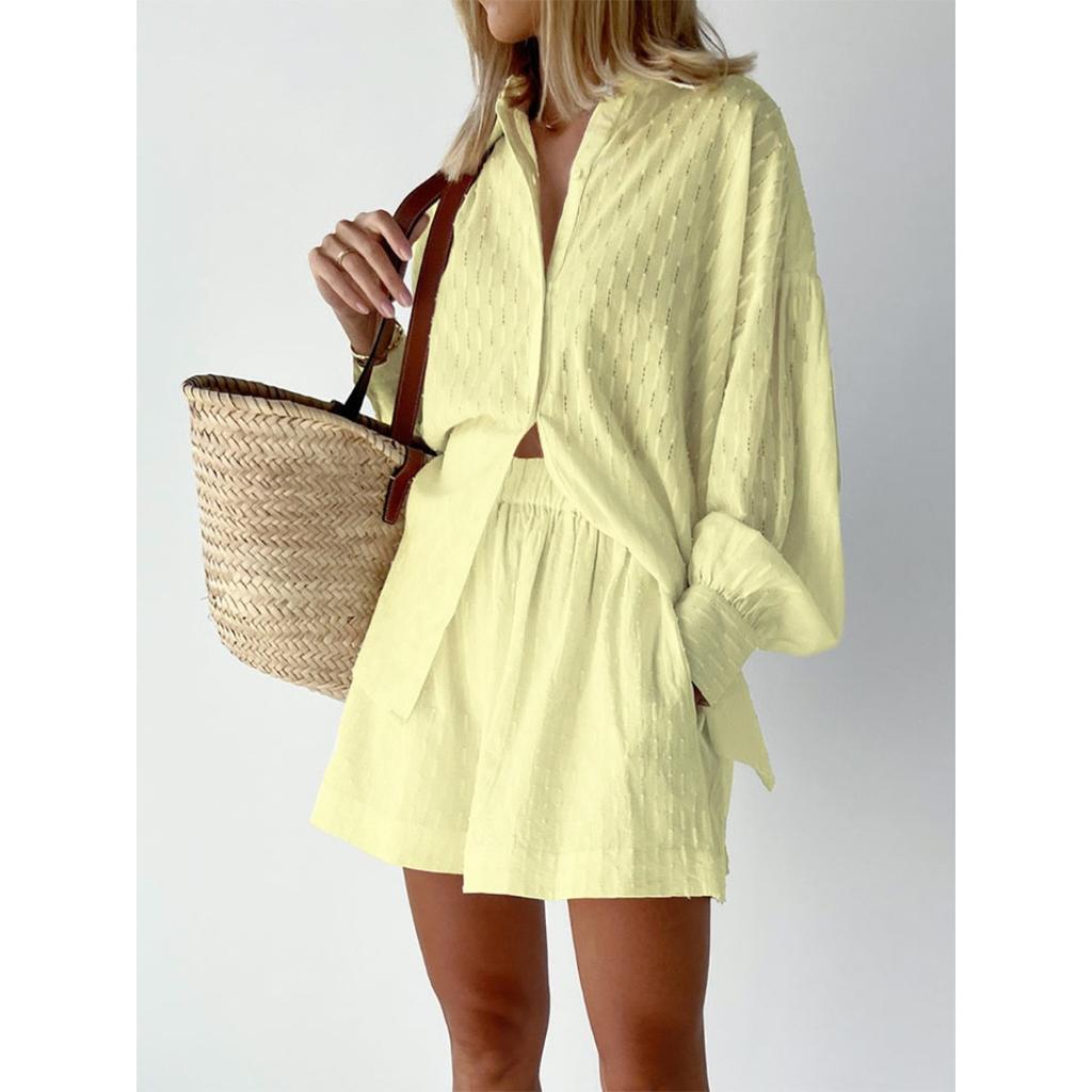 Women's Clothing, Shirts, Jacquard, Bubble Sleeves, Tops, Shorts, Casual Suits