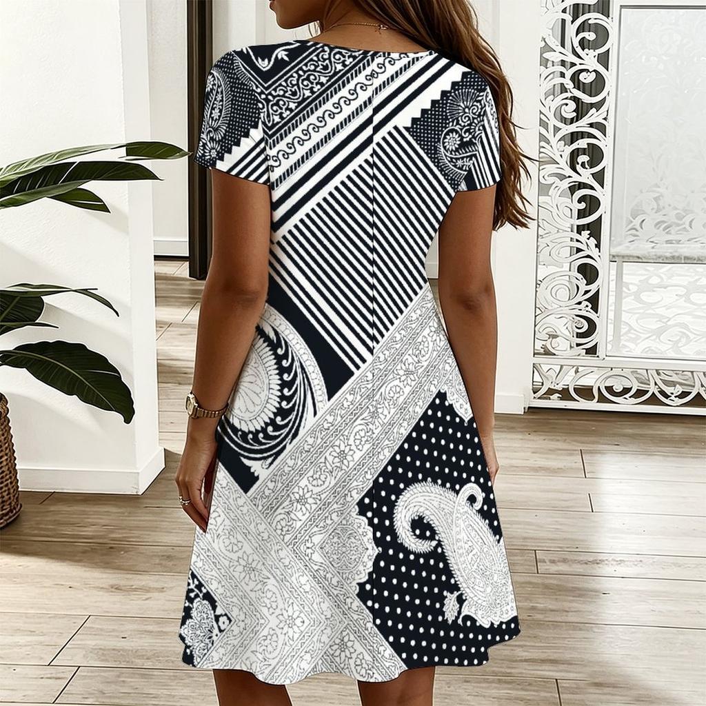 Ladies V Neck Retro Botanical Printed Plus Size Dress Summer Short Sleeve Loose Tunic
