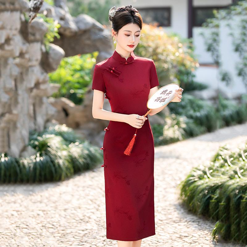 Mom outfit national style mid-length improved cheongsam new women s retro slim short sleeve summer small man S