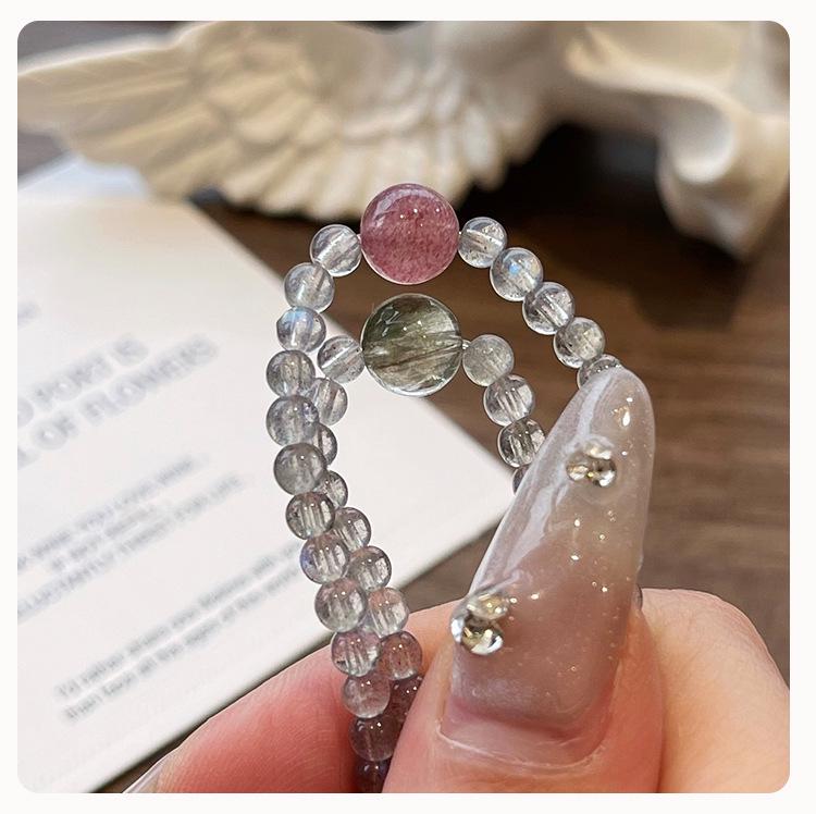 Qiaoen Women's Crystal Bracelet: Gray Moonstone, Strawberry Quartz & Green Rutilated Quartz, Extremely Fine 3mm Beads, Unique Niche Design