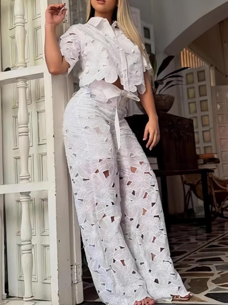 2025 Summer Women's Solid Color Casual Hollow Out Cardigan & Wide Leg Pants Set