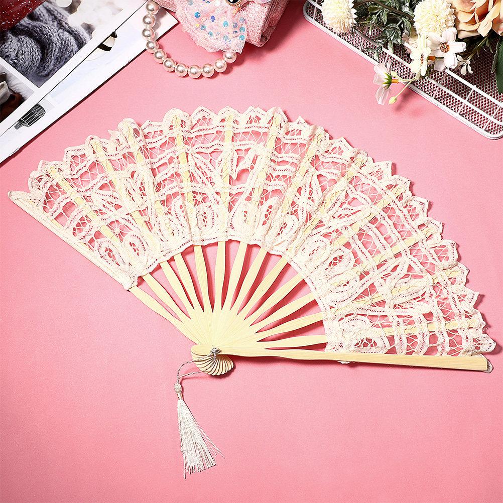 2Pcs Chinese Folding Fans Vintage Lace Handheld Fan Lightweight Portable Elegant Tassel Wedding Party Dance Performance