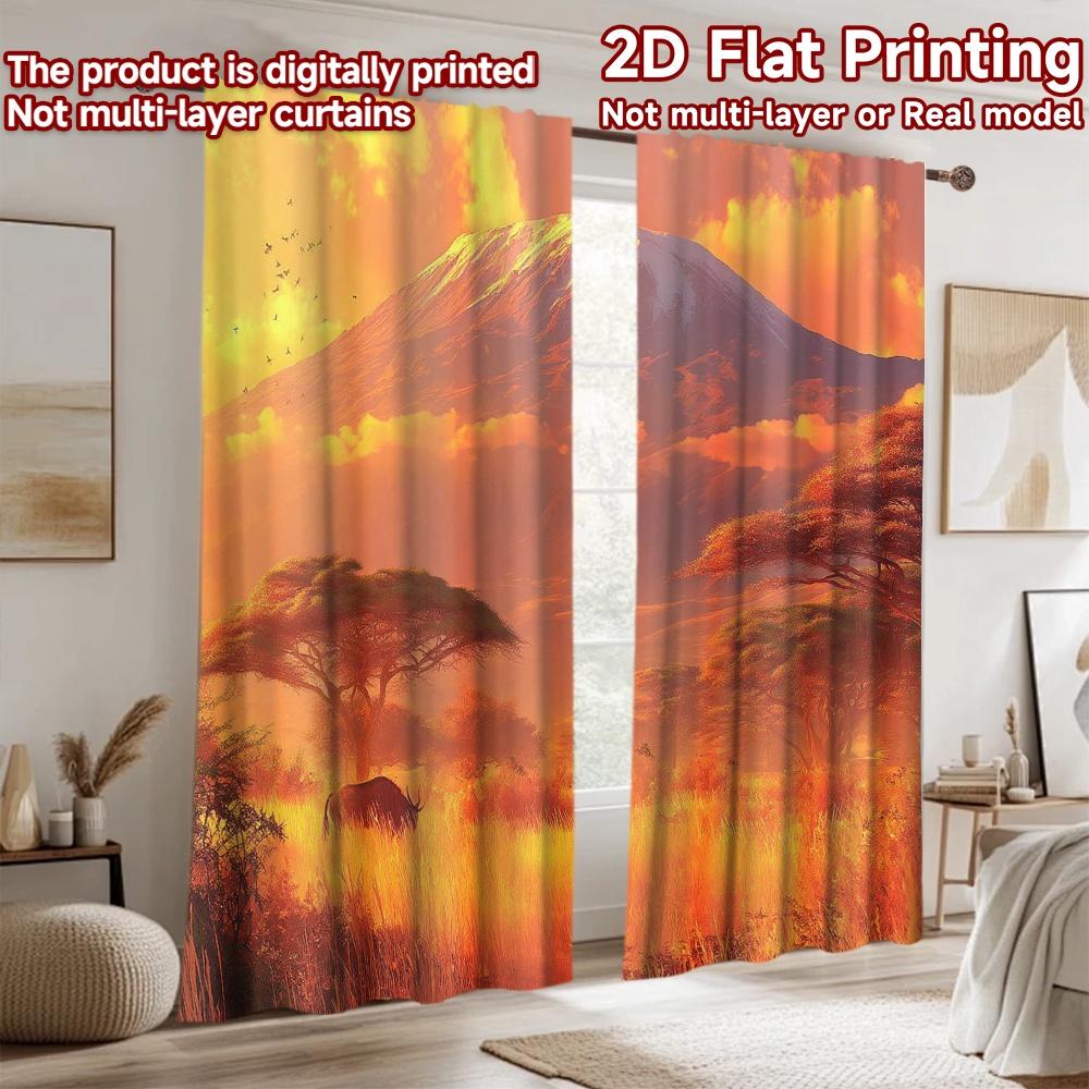 2D Flat Printing 2pcs Curtains African Landscape Kilimanjaro Mountain Elephant Digital Printed Polyester Drapes All Season Party