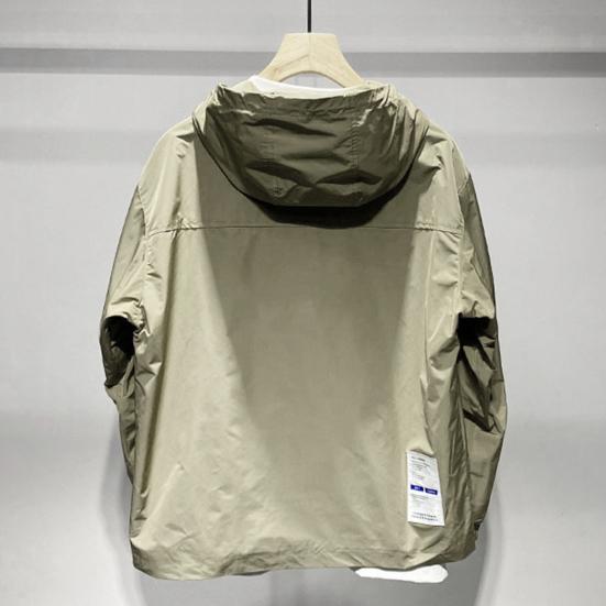 Men Trench Coat Hooded Drawstring Long Sleeve Double Zipper Cargo Tops Solid Color Large Pocket Street Style Outwear