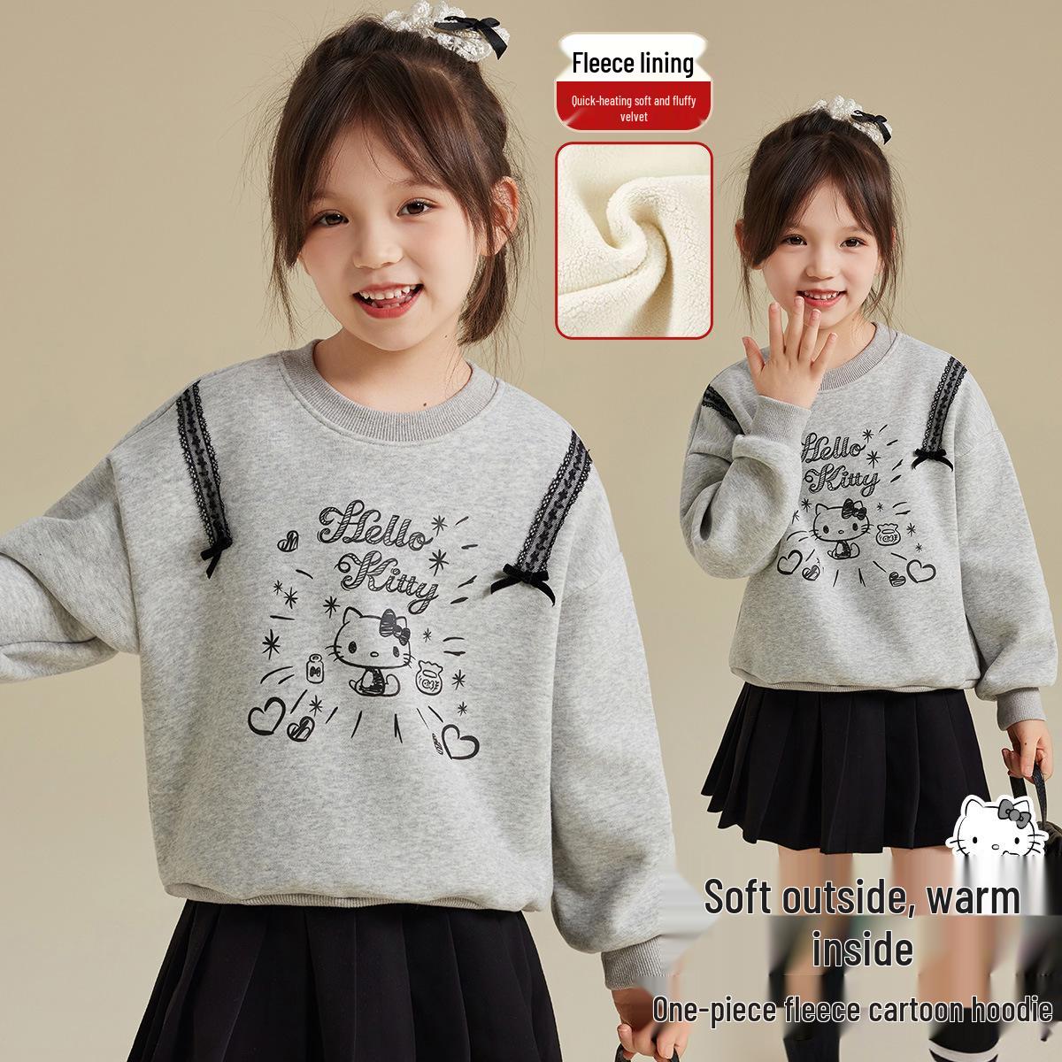 Детская толстовка с капюшоном Hello Kitty с плюшем и мультяшным принтом - Утепленная для осени/зимы 2025 110