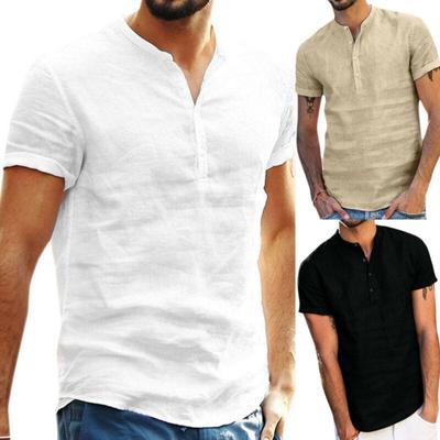 Herren Kurzarm Leinen Knopf T-Shirt O-Ausschnitt Mode Sommer Einfarbig Lässig Baumwolle Henley Locker Bluse Tee Top Herrenbekleidung