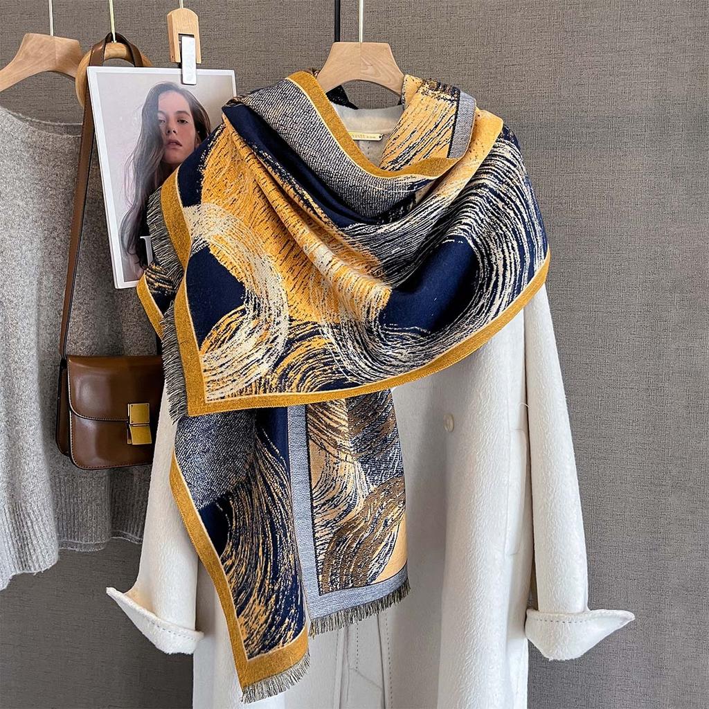 New 185*65cm Autumn/Winter Scarf Warm Tassel Shawl Women's Floral Imitation Cashmere Thick Warps Coldproof Windproof Blanket