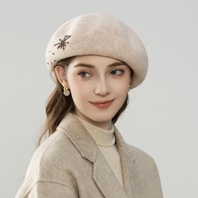Hat Women's Hat Felt Hat Pure Wool Soft Beret Women's Autumn and Winter Fashion Show Face Small Black Bud Hat