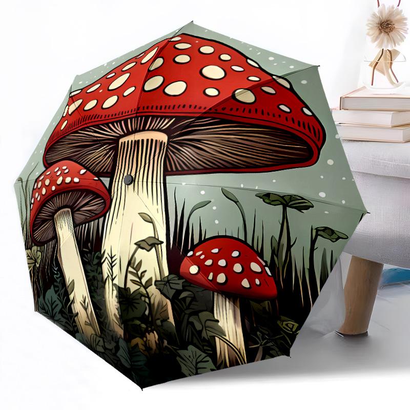Mystical Forest Mushrooms Compact Travel Automatic Umbrella Compact 8-Rib Design Durable Plastic & Iron Travel Essential Elegant Umbrella