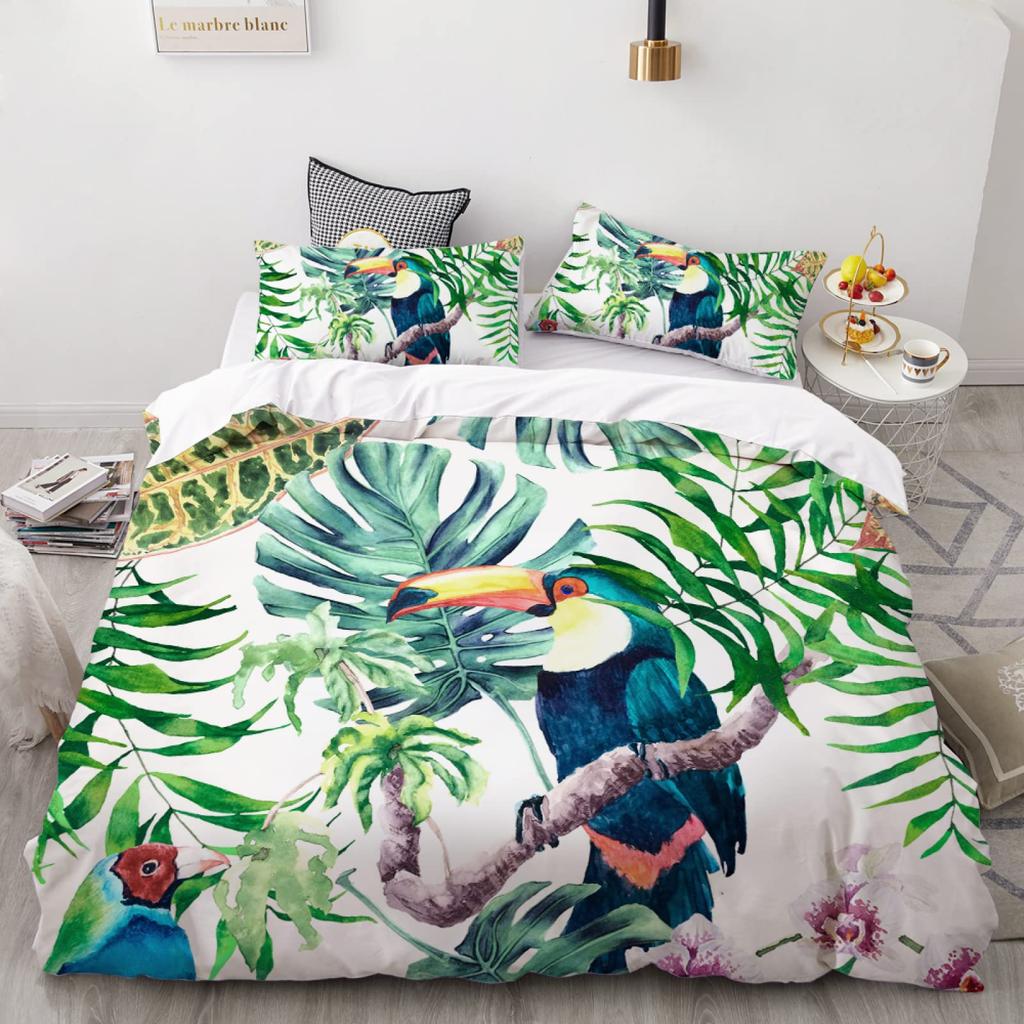 Parrot King Queen Duvet Cover Colourful Feather Bedding Set Rain Trees Bird Quilt Cover Sunset Mountain Natural Comforter Cover