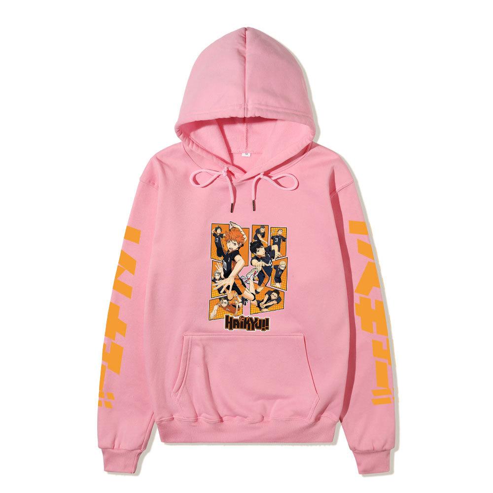 Haikyuu Karasuno Team Collage Unisex Fleece Hoodie Orange Japanese Vertical Letter Sleeve Volleyball Anime Pullover Sweatshirt