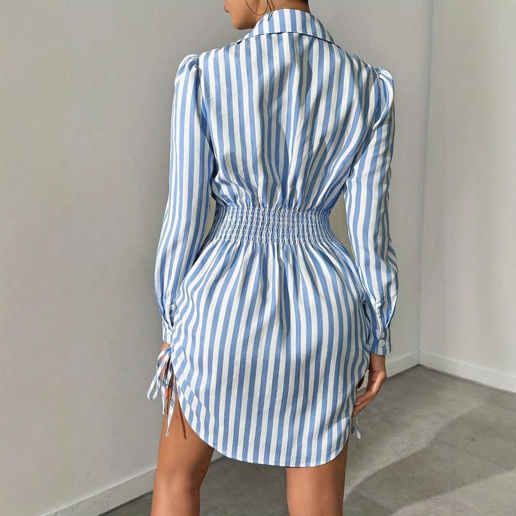 Women's Long-sleeved POLO Collar Sexy Side Drawstring Shirt Dress