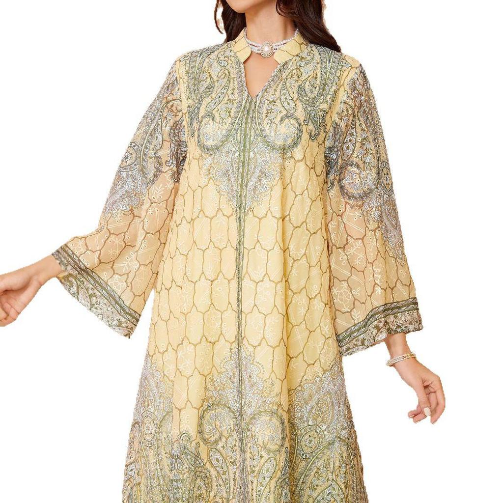 Middle Eastern Embroidered Muslim Women's Long Dress Abaya with Hot Drill Print