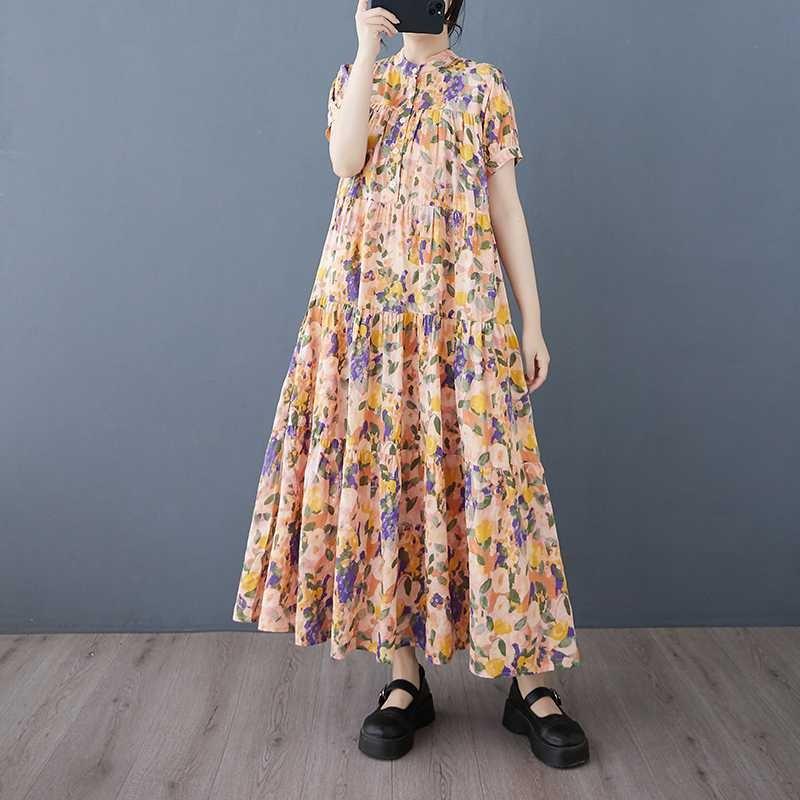 Cotton 2025 Summer Women's Loose Large Size Fashion Printed Long Dresses