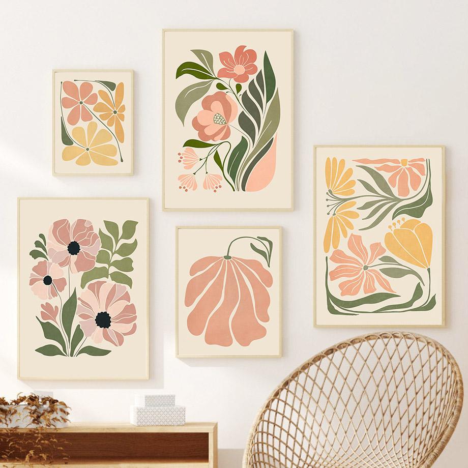 Abstrakter Blumenmarkt Pfingstrose Gänseblümchen Blätter Wandkunst Leinwand Malerei Vintage Poster und Drucke Bild für Wohnzimmer Heimdekor