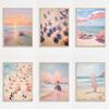 Retro Pink Coastal Landscape Art Print Girly Pastel Beach Painting Sunset Umbrellas Canvas Poster Apartment Bedroom