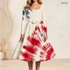 Women Plus Size Square Neck Long Sleeve Starry Printed Navy A Line Dress With Belt