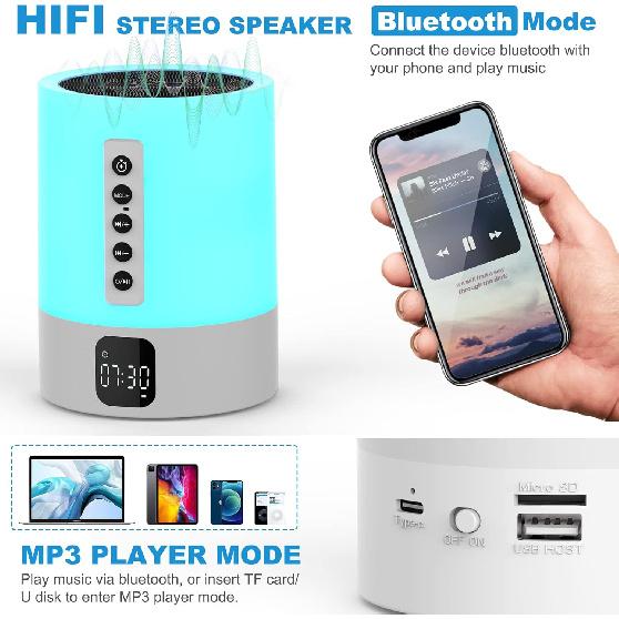 Night Light Bluetooth Speaker Alarm Clock, Sound Machine with White Noise, Touch Bedside Lamp, Dimmable Warm White Light, 48 RGB Color Changing,
