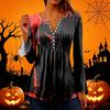 Women's Halloween Print V-Neck Long Sleeve T-Shirt with Sleeves and Pleated Button Front