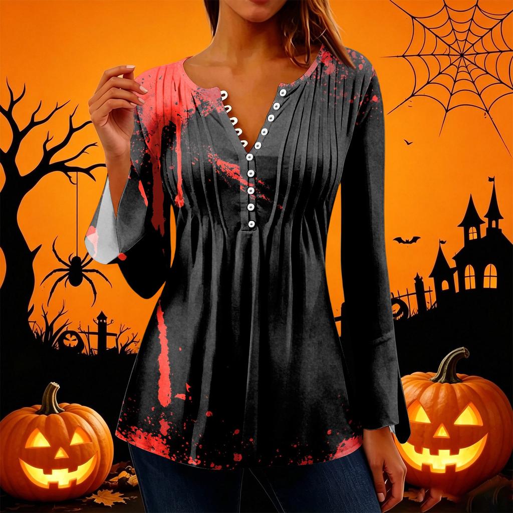 Women's Halloween Print V-Neck Long Sleeve T-Shirt with Sleeves and Pleated Button Front