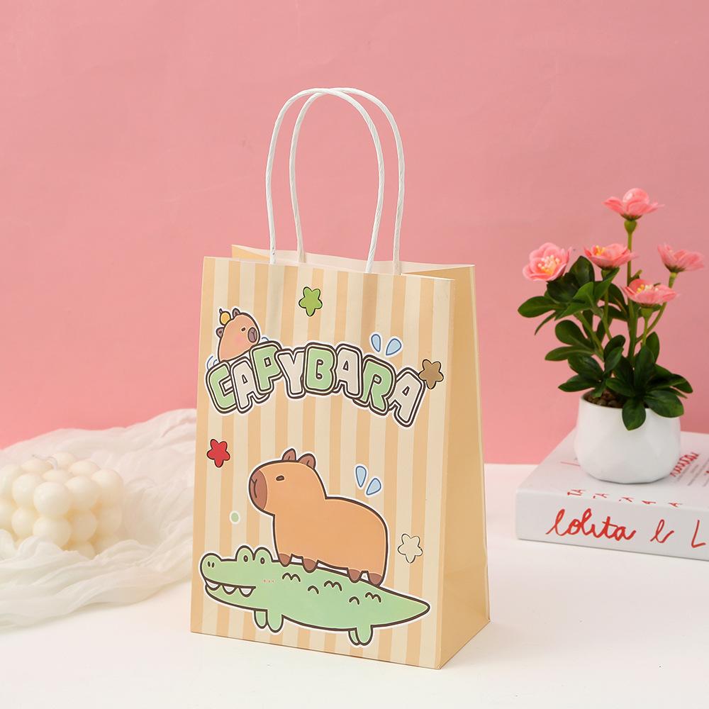 StoBag Capybara Cartoon Kraft Gift Wrapping Bags for Sweets Reusable Cute Kids Birthday Party Favor Tote Animal Theme Packaging