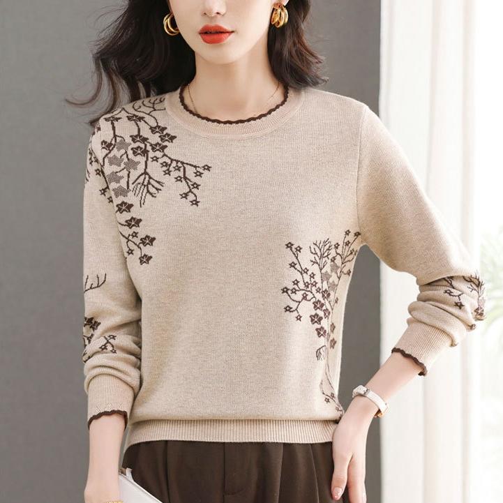 Winter Women's Wool Sweater  Crew neck Printed Wool Sweater Soft Warm Knit Pullover