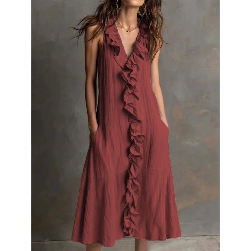 QICED Fashion Summer Spring Solid Color Print Sleeveless V-Neck Casual Dresses