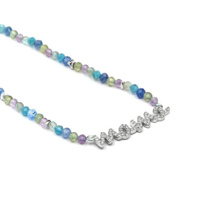 Collier en argent massif 925 et cristal bleu finition rhodiée - Maman