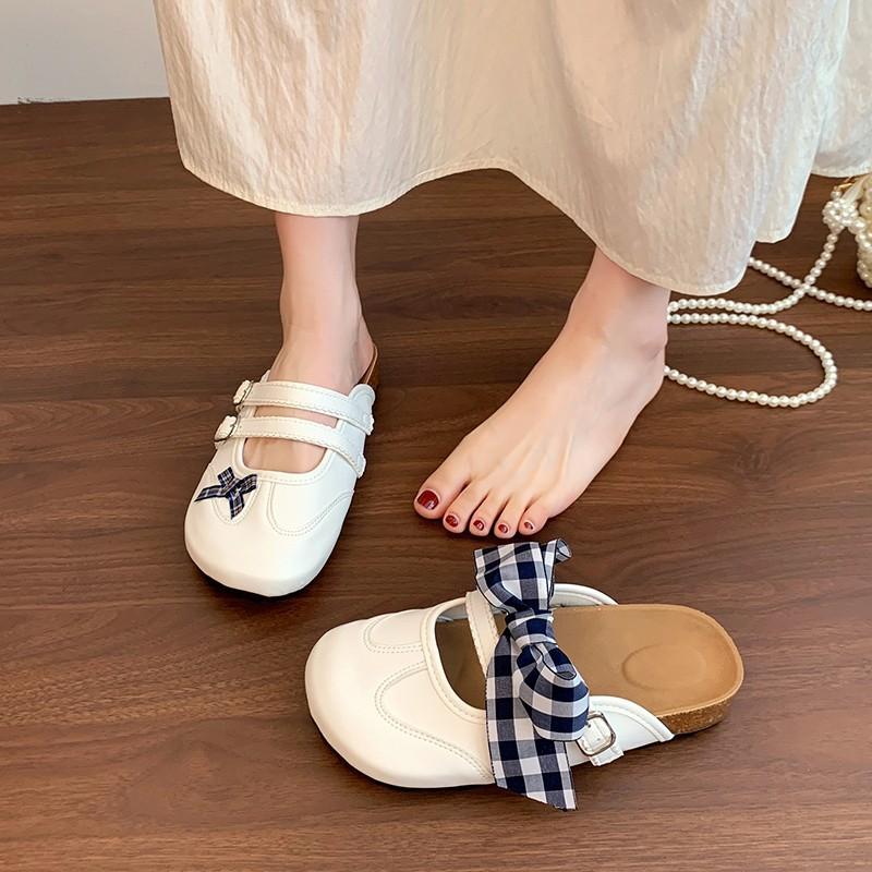 Keep it for yourself~ Retro bow brock cross-strapped bag head half slippers women wear one-pedal flat-bottomed cool slippers