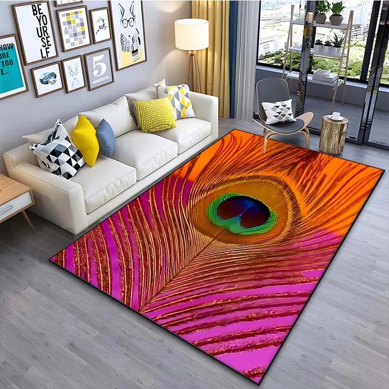 Peacock Feather Pattern Area Rug Colorful Animal Bird Fur Non-slip Carpet, Living Room Bedroom Polyester Mat Home Decor Doormat