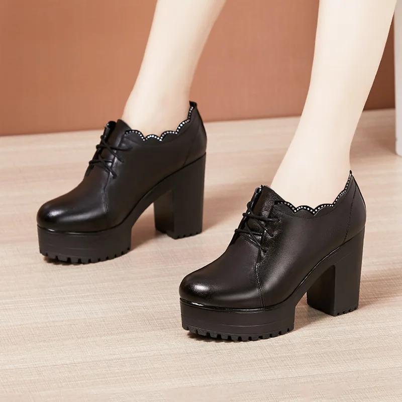 6cm 8cm 10cm Small Size 32-43 Deep Mouth Soft Leather Shoes Women Platform Pumps 2025 Fall Block High Heels Shoes Office Model