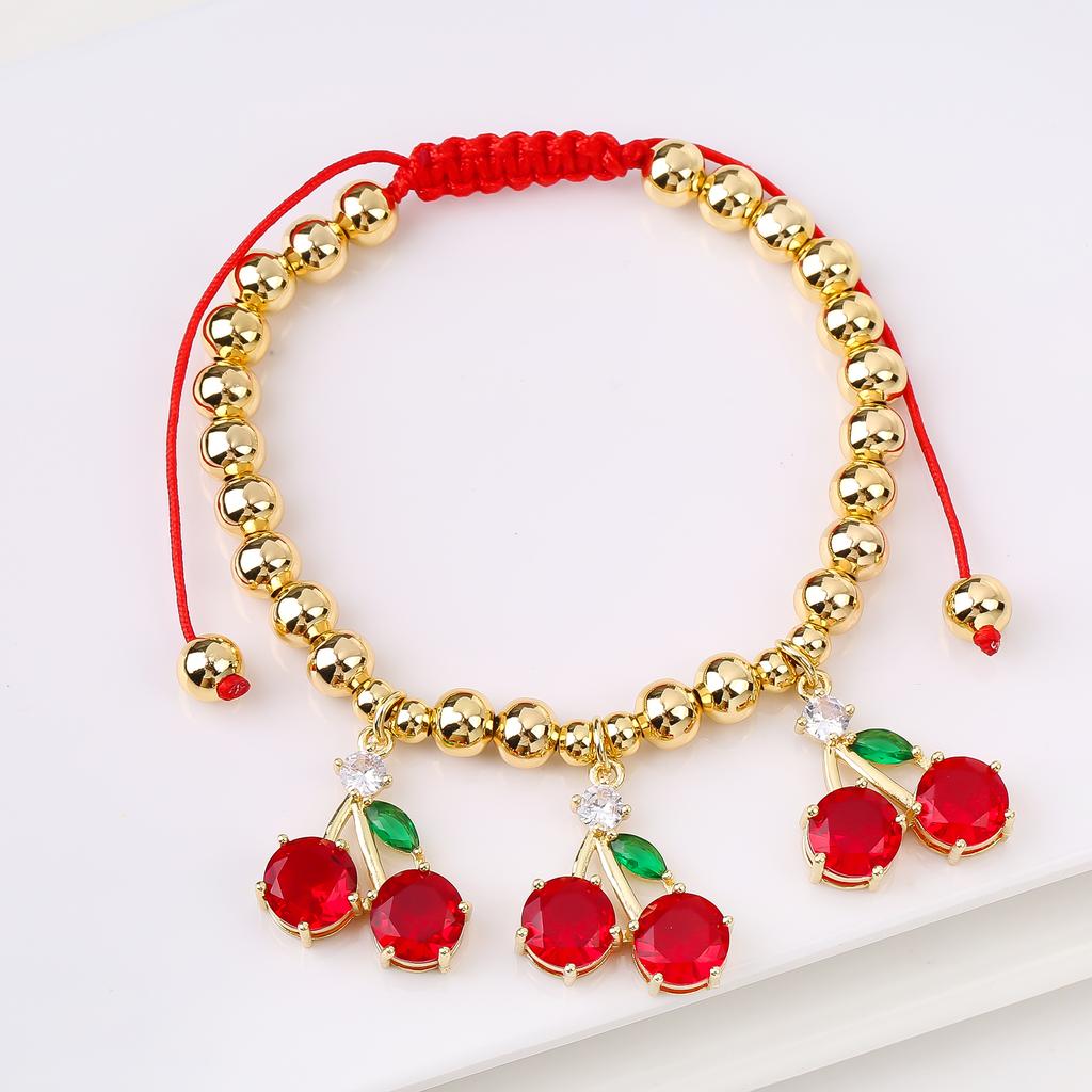 Hot Sale Cute Cherry Strawberry Pendant Copper Bead Chain Bracelet High Quality Crystal Zirconia Fruit Jewelry For Daily Wear