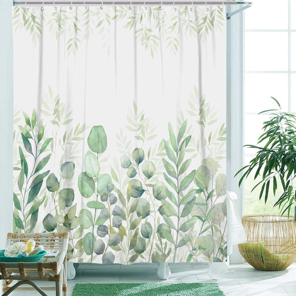 Amm Green Eucalyptus Shower Curtain Watercolor Plant Leaves Shower Curtains For Bathroom Waterproof Fabric Botanical Leaf Bath C