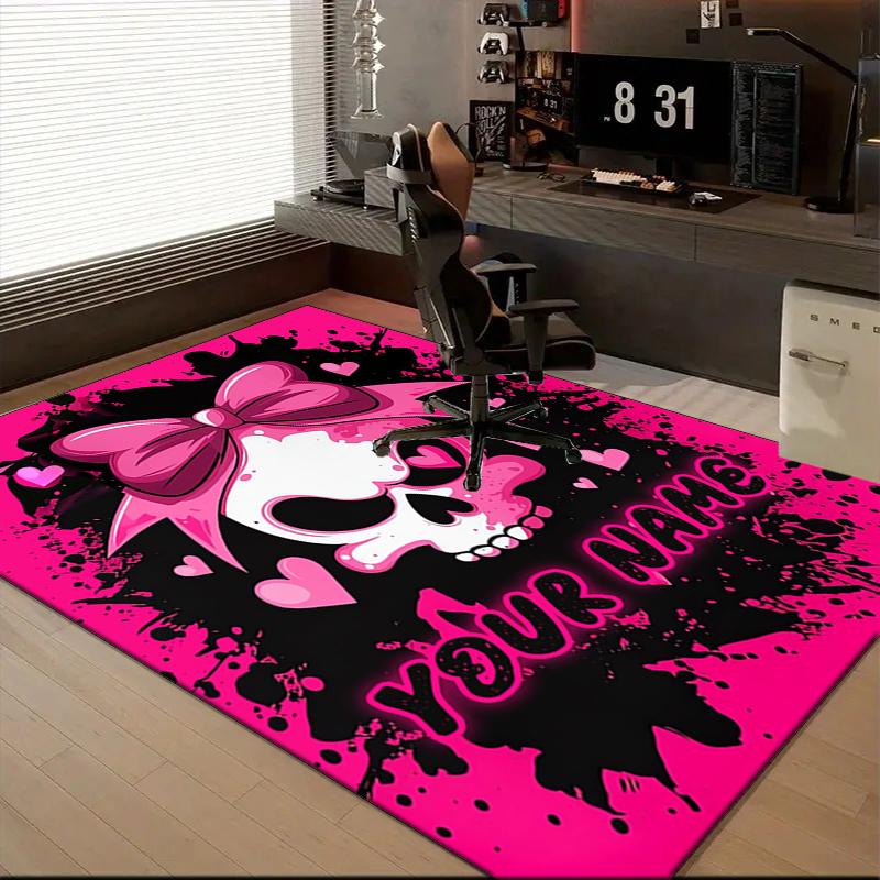 1PC Custom Name Skull Bow Theme Floor Mat Ideal for Living Room, Game Rooms, Office, Bedroom,Floor Mat Playful Design