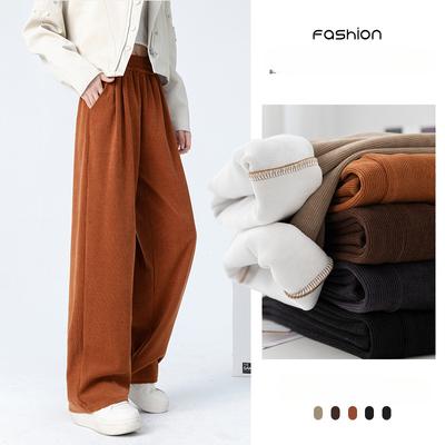 Autumn Winter Thick Warm Pants with Fleece Sports Pants High Waisted Straight Leg Pants Women Casual Wide Leg Pants