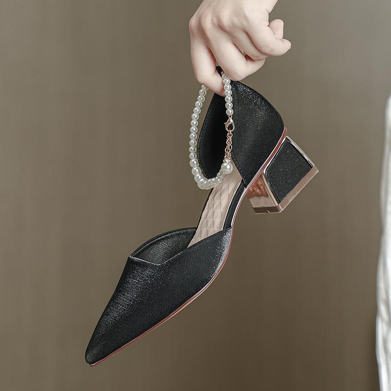 Baotou sandals women's medium heel pointed summer 2025 new high heels women's thick heel pearl fairy wind hollow single shoes